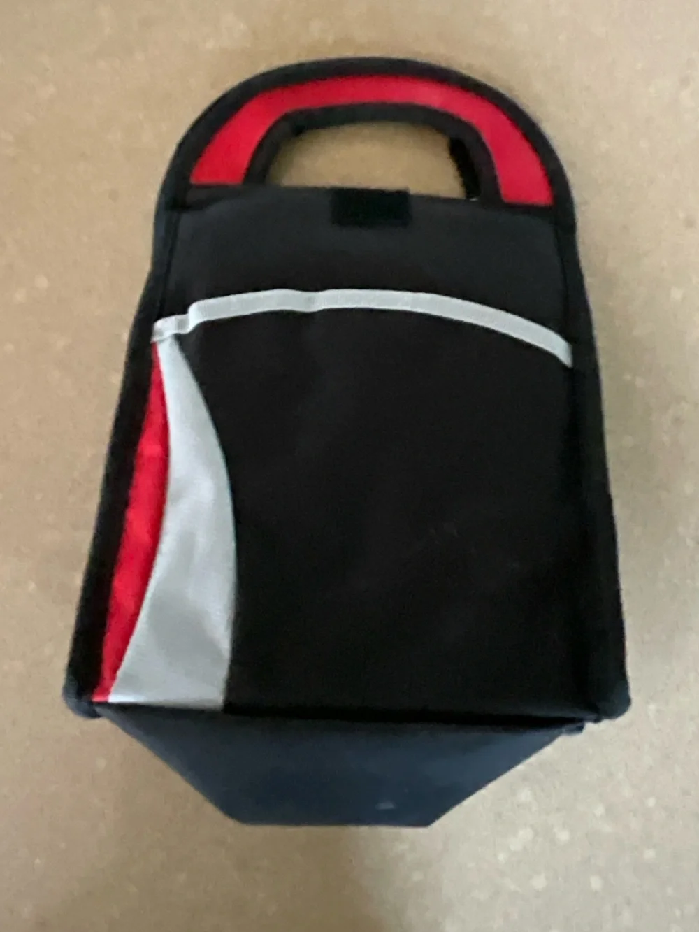 Insulated Black and Red Lunch Tote with Front Pocket